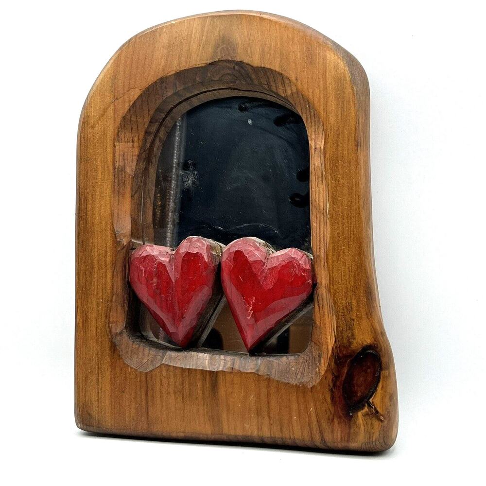 Hand Carved Wood Wall Mirror Double Heart Decorative 10x13" Red Valentine